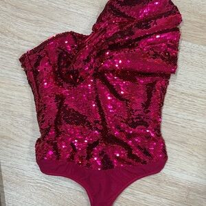 Hot pink Sequin off shoulder Bodysuit